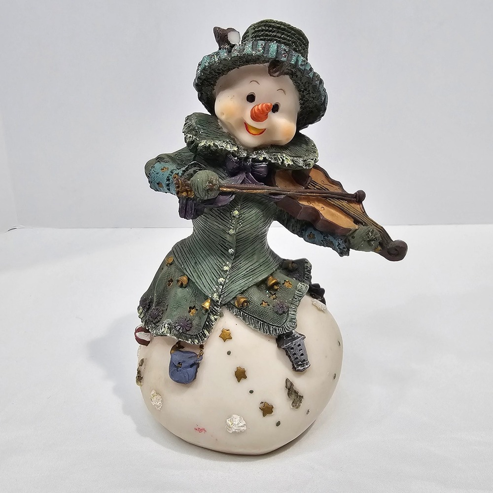 Vintage Style Snowman Playing Violin Figurine Green Victorian Coat M207607